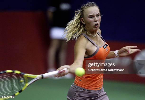 Caroline Wozniacki of Denmark in action against Anna Chakvetadze of Russia during day three of the Kremlin Cup Tennis at the Olympic Stadium on...