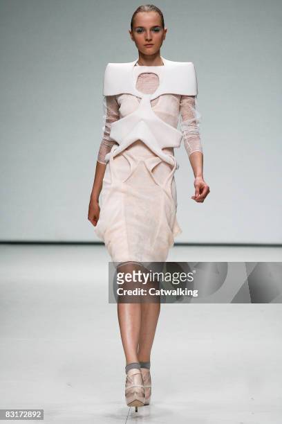 Model walks the runway wearing the Louise Goldin Spring/Summer 2008/2009 collection during London Fashion Week on September 16, 2008 in London,...