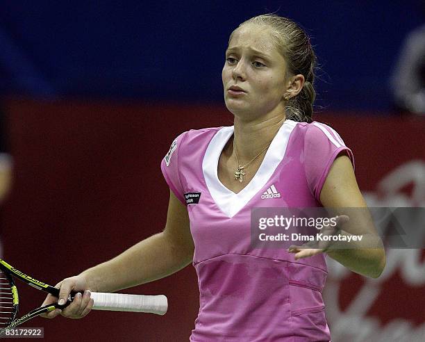 Anna Chakvetadze of Russia reacts during day three of the Kremlin Cup Tennis match against Caroline Wozniacki of Denmark at the Olympic Stadium on...