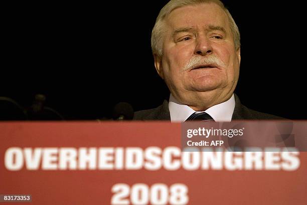 Former Polish President and Nobel peace prize laureate Lech Walesa delivers a speech at a government congress in The Hague, Netherlands on October 8,...