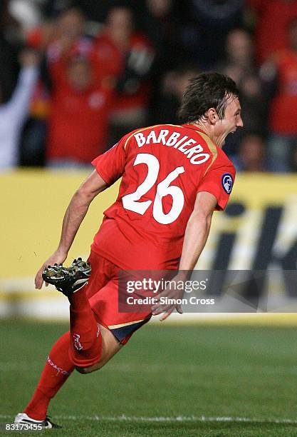 Giuseppe Barbiero of United celebrates scoring his goal during the AFC Champions League semi-final first leg match between Adelaide United and...