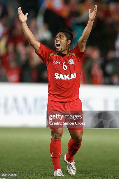 Cassio of United celebrates the victory during the AFC Champions League semi-final first leg match between Adelaide United and Bunyodkor at Hindmarsh...