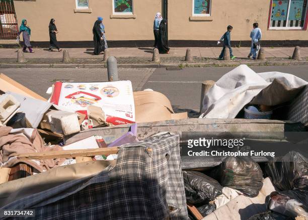 Household rubbish begins to pile high on the streets of Alum Rock in Birmingham as the refuse collector strike enters its sixth week on August 15,...