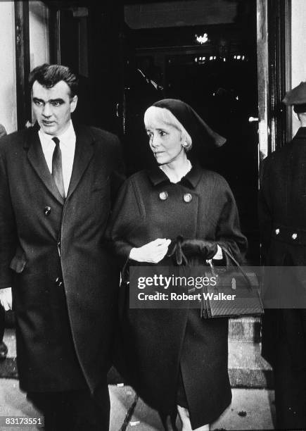 American playwright and diplomat Clare Boothe Luce leaves the Madison Avenue Presbyterian Church after the funeral of her husband Henry Luce, New...