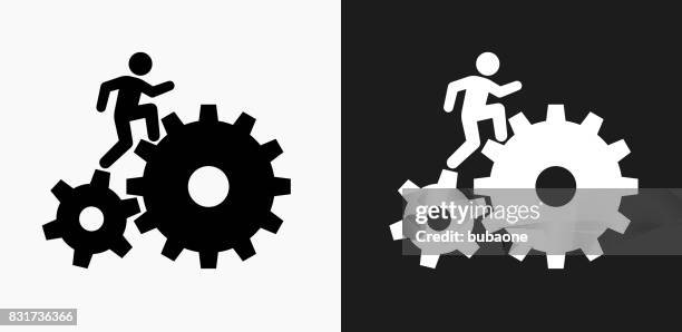 ilustrações de stock, clip art, desenhos animados e ícones de stick figure climbing gear icon on black and white vector backgrounds - gears stick