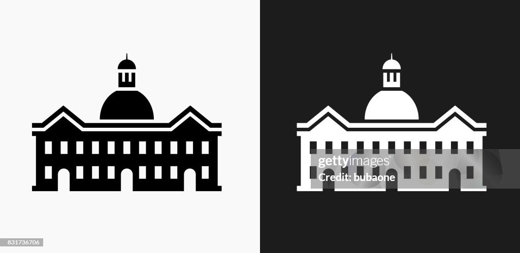 School Building Icon on Black and White Vector Backgrounds
