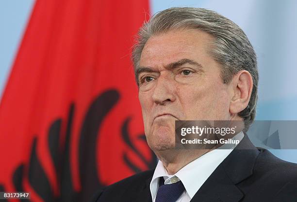 Albanian Prime Minister Sali Berisha speaks to the media after talks with German Chancellor Angela Merkel at the Chancellery on October 8, 2008 in...