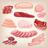 Collection of various delicious meat products. Set of different butchery meat including salami, prosciutto, pepperoni, ham, bacon and sausages. Cartoon style icon. Restaurant menu illustration.
