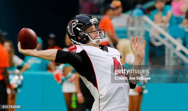 Matt Simms of the Atlanta Falcons throws against the Miami Dolphins during a preseason game at Hard Rock Stadium on August 10, 2017 in Miami Gardens,...