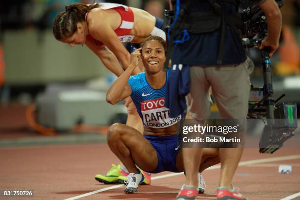 16th IAAF World Championships: USA Kori Carter victorious after winning gold in Women's 400M Hurdles Final at Olympic Stadium. London, England...