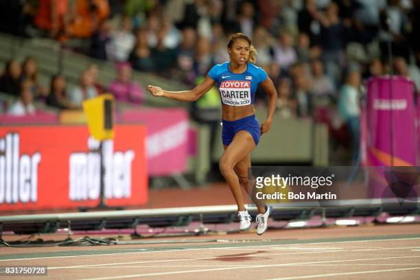 16th IAAF World Championships: USA Kori Carter in action after winning gold in Women's 400M Hurdles Final at Olympic Stadium. London, England...