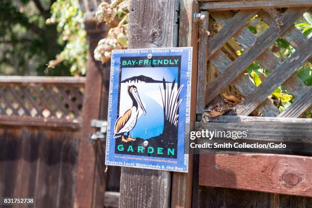 Signage for a Bay Friendly Garden, part of a program to encourage gardening which protects the San Francisco Bay, at Coyote Hills Regional Park, an...