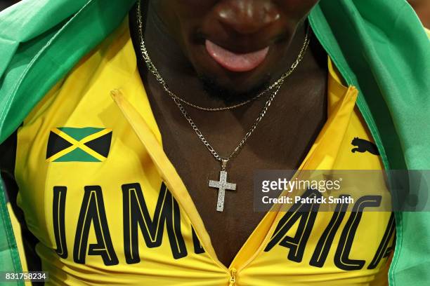 Omar McLeod of Jamaica celebrates after winning the Men's 110 metres hurdles final during day four of the 16th IAAF World Athletics Championships...