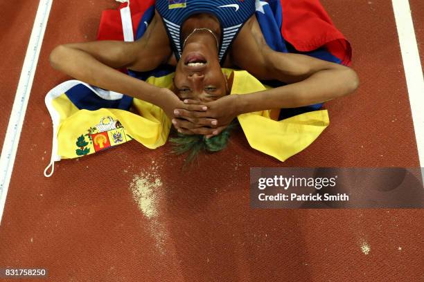 Yulimar Rojas of Venezuela celebrates after winning the the Women's Triple Jump final during day four of the 16th IAAF World Athletics Championships...