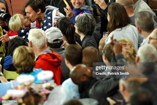 Emma Coburn of the United States, gold, celebrates with Joe Bosshard after the Women's 3000 metres Steeplechase final during day eight of the 16th...