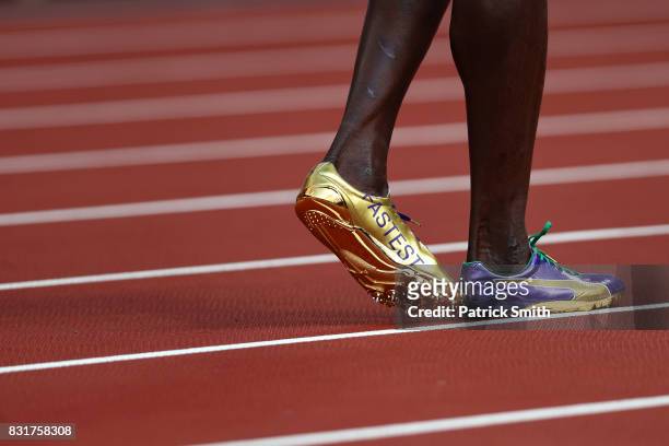 Detail of the cleats of Usain Bolt of Jamaica as he prepares to compete in the Men's 4x100 Metres Relay heats during day nine of the 16th IAAF World...