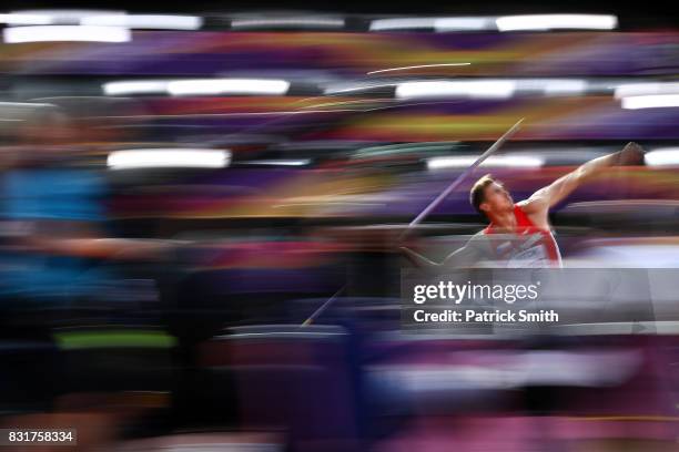 Adam Sebastian Helcelet of the Czech Republic competes in the Men's Decathlon Javelin during day nine of the 16th IAAF World Athletics Championships...