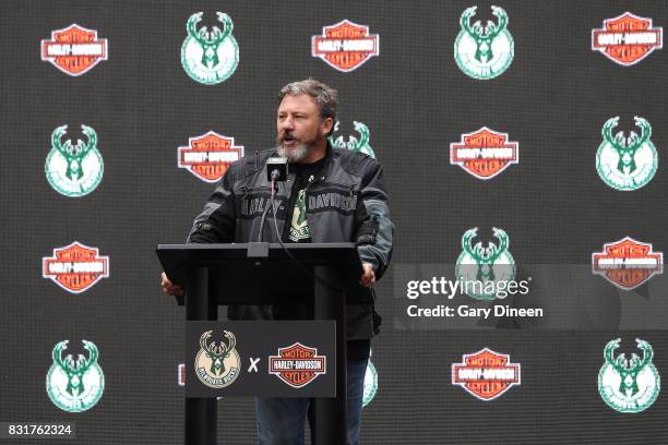 Representatives from Harley-Davidson help announce and unveil the Milwaukee Bucks new uniforms featuring the Harley-Davidson logo as part of their...