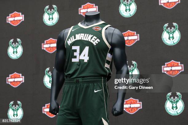 Close up shot of the Milwaukee Bucks new uniforms during the announcing and unveiling at press conference at the Harley-Davidson Museum on August 10,...