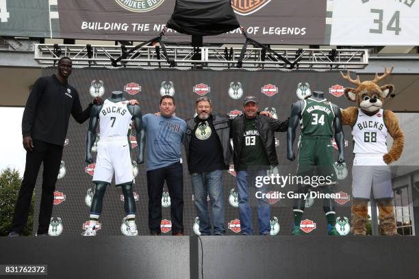 Milwaukee Bucks president Peter Feigin, Thon Maker, Bango and representatives from Harley-Davidson announce and unveil the team's new uniforms...