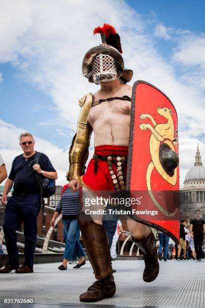 Members from Britannia dressed as Roman Gladiators visit London landmarks ahead of the Museum of London: Gladiator Games on August 15, 2017 in...
