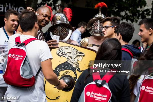 Members from Britannia dressed as Roman Gladiators visit London landmarks ahead of the Museum of London: Gladiator Games on August 15, 2017 in...