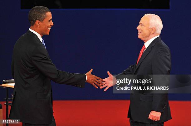 Democrat Barck Obama and Republican John McCain greet each other prior to their second presidential debate at Belmont University's Curb Event Center...