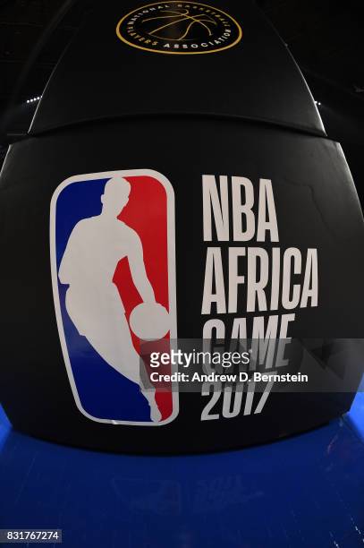 View of the basket stanchion with signages of Team Africa against Team World in the 2017 Africa Game as part of the Basketball Without Borders Africa...