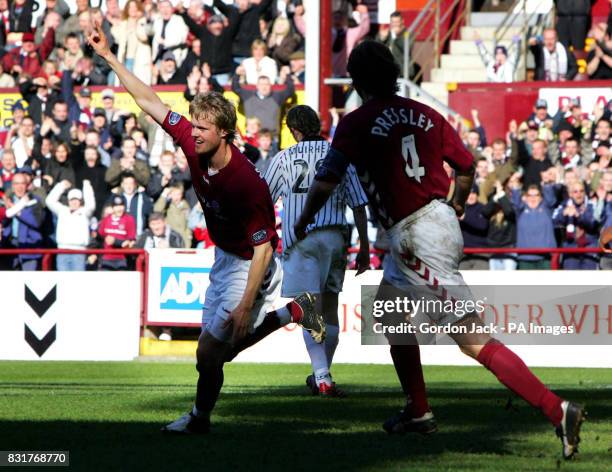 Hearts Juho Makela celebrates scoring against Dunfermline during the Bank of Scotland Premier League match at Tynecastle Stadium, Edinburgh, Saturday...