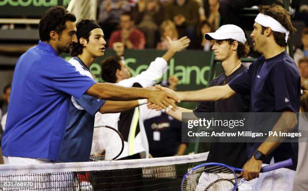 Great Britain's Andrew Murray and Greg Rusedski after their defeat to Serbia and Montenegro during their doubles Davis Cup match at the Braehead...