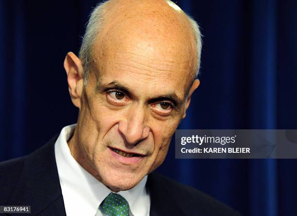 Homeland Security Secretary Michael Chertoff speaks to reporters following ceremonies with Slovak Republic Deputy Prime Minister and Minister of...
