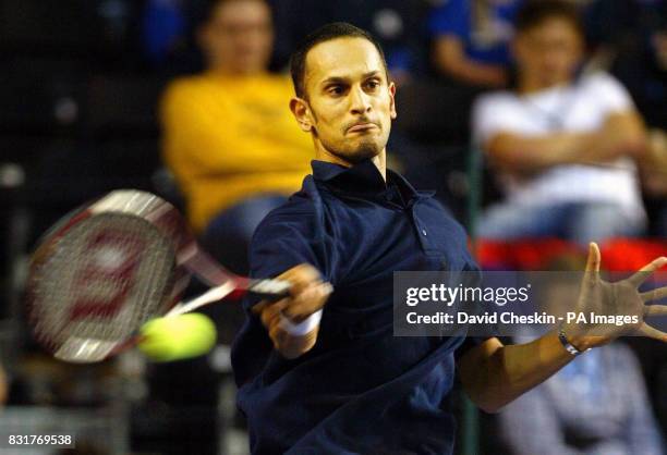Great Britian's Arvind Parmer in action against Serbia and Montenegro's Janko Tipsarevic during the Davis Cup tennis match at the Braehead Arena,...