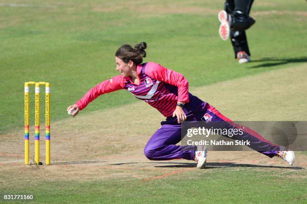 Georgia Elwiss of Loughborough Lightning attempts a run out during the Kia Super League 2017 match between Loughborough Lightning and Southern Vipers...