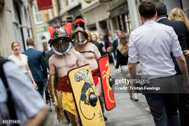 Members from Britannia dressed as Roman Gladiators visit London landmarks ahead of the Museum of London: Gladiator Games on August 15, 2017 in...