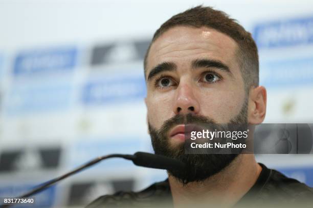 Real Madrid's defender Dani Carvajal speaks during a press conference at Real Madrid sports city in Madrid on August 15 on the eve of the Spanish...