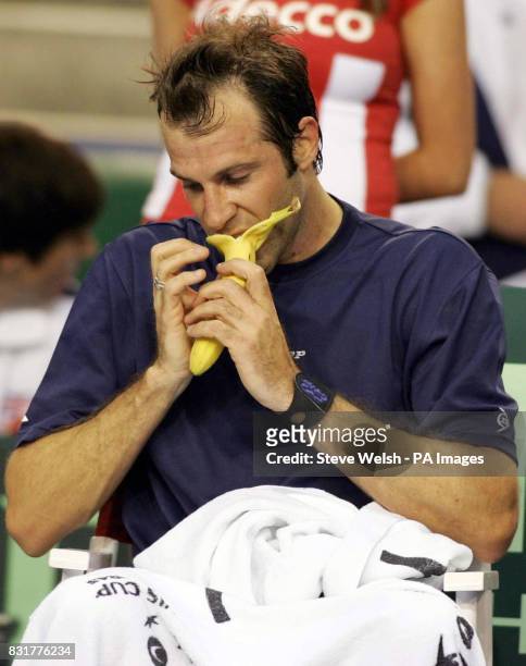Great Britain's Greg Rusedski takes a break during his match against Serbia & Montenegro's Janko Tipsarevic during the first day of the Davis Cup at...