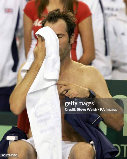 Great Britain's Greg Rusedski during his match with Serbia & Montenegro's Janko Tipsarevic on the first day of the Davis Cup at the Braehead Arena,...