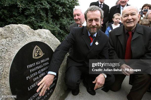 Outgoing president of the Gaelic Athletic Association Sean Kelly with GAA historian Marcus Burke and Rory Kiely at the unveiling of a commemorative...