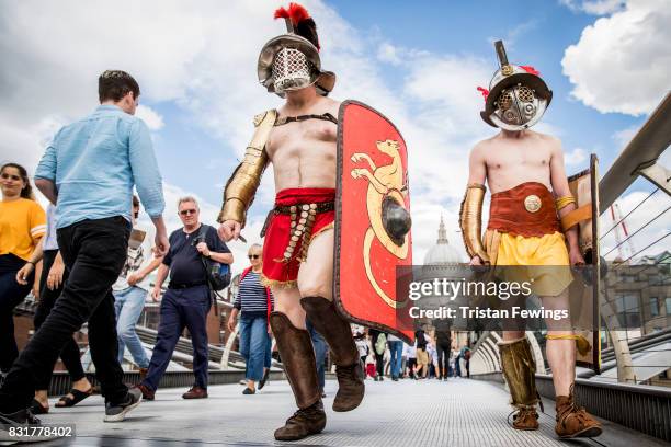 Members from Britannia dressed as Roman Gladiators visit London landmarks ahead of the Museum of London: Gladiator Games on August 15, 2017 in...
