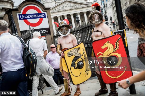 Members from Britannia dressed as Roman Gladiators visit London landmarks ahead of the Museum of London: Gladiator Games on August 15, 2017 in...