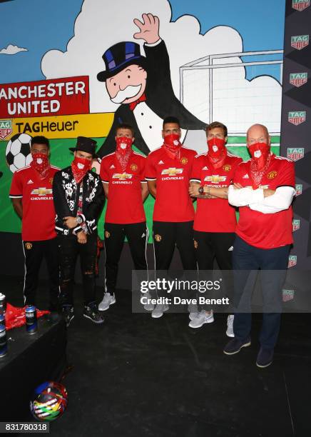 Jesse Lingard, TAG Heuer Art Provocateur Alec Monopoly, Michael Carrick, Chris Smalling, Victor Lindelof of Manchester United, TAG Heuer CEO and...