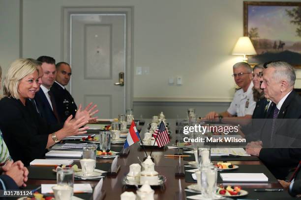 Secretary of Defense Jim Mattis hosts a bilateral meeting with Her Excellency Jeanine Hennis-Plasschaert , Minister of Defense of the Netherlands...