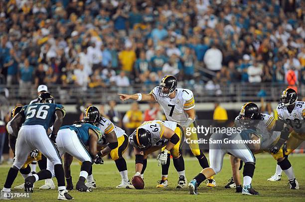 Quarterback Ben Roethlisberger of the Pittsburgh Steelers calls the play during the game against the Jacksonville Jaguars at Jacksonville Municipal...