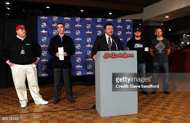 Steve Violetta Sr. VP of Marketing for the Detroit Red Wings talks about NHL Face-Off Rocks to the media in a press conference at Joe Louis Arena...