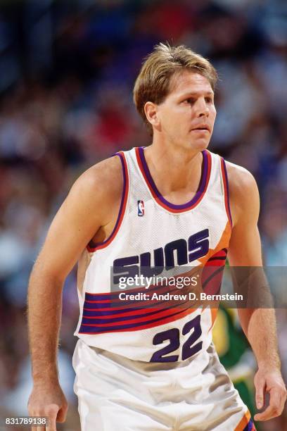 Danny Ainge of the Phoenix Suns looks on during a game played in 1993 at the America West Arena in Phoenix, Arizona. NOTE TO USER: User expressly...