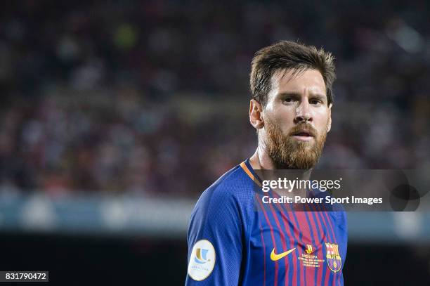 Lionel Messi of FC Barcelona in action during the Supercopa de Espana Final 1st Leg match between FC Barcelona and Real Madrid at Camp Nou on August...