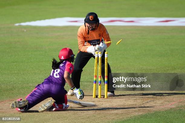Sonia Odedrsa of Loughborough Lightning is stumped by Carla Rudd of Souyhern Vipers during the Kia Super League 2017 match between Loughborough...