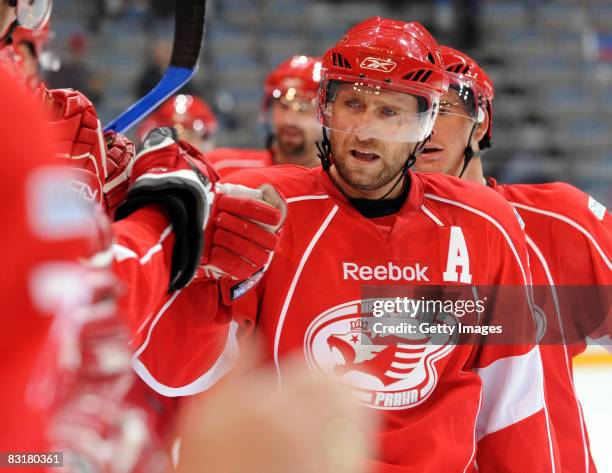 Jaroslav Bednar and Roman Cervenka of Prague celebrate during the IIHF Champions Hockey League match between Slavia Prague and Linkoping HC on...