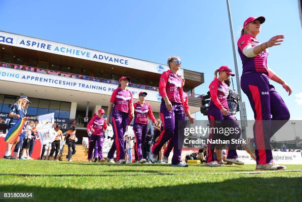 The Loughborough Lightning players walk out to field during the Kia Super League 2017 match between Loughborough Lightning and Southern Vipers at The...