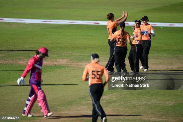 Suzie Bates of Southern Vipers celebrates getting Georgia Elwiss of Loughborough Lightning out during the Kia Super League 2017 match between...